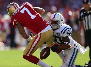 Kaepernick fumbles in a week 3 loss to the Colts. Photo by Jed Jacobsohn/Getty Images