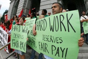 Protestors speak out against minimum wage.