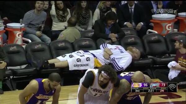 After fouling out Center Chris Kaman lays out along Lakers empty bench Media by diehardsport.com