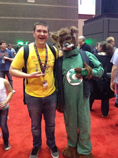 Me with a cosplayer dressed up as the Green Lantern G'nort. Photo taken by a random passerby. 