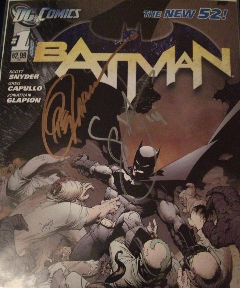 Copy of Batman #1 signed by artist Greg Capullo and writer Scott Snyder. Photo by Tyler Lamb. 