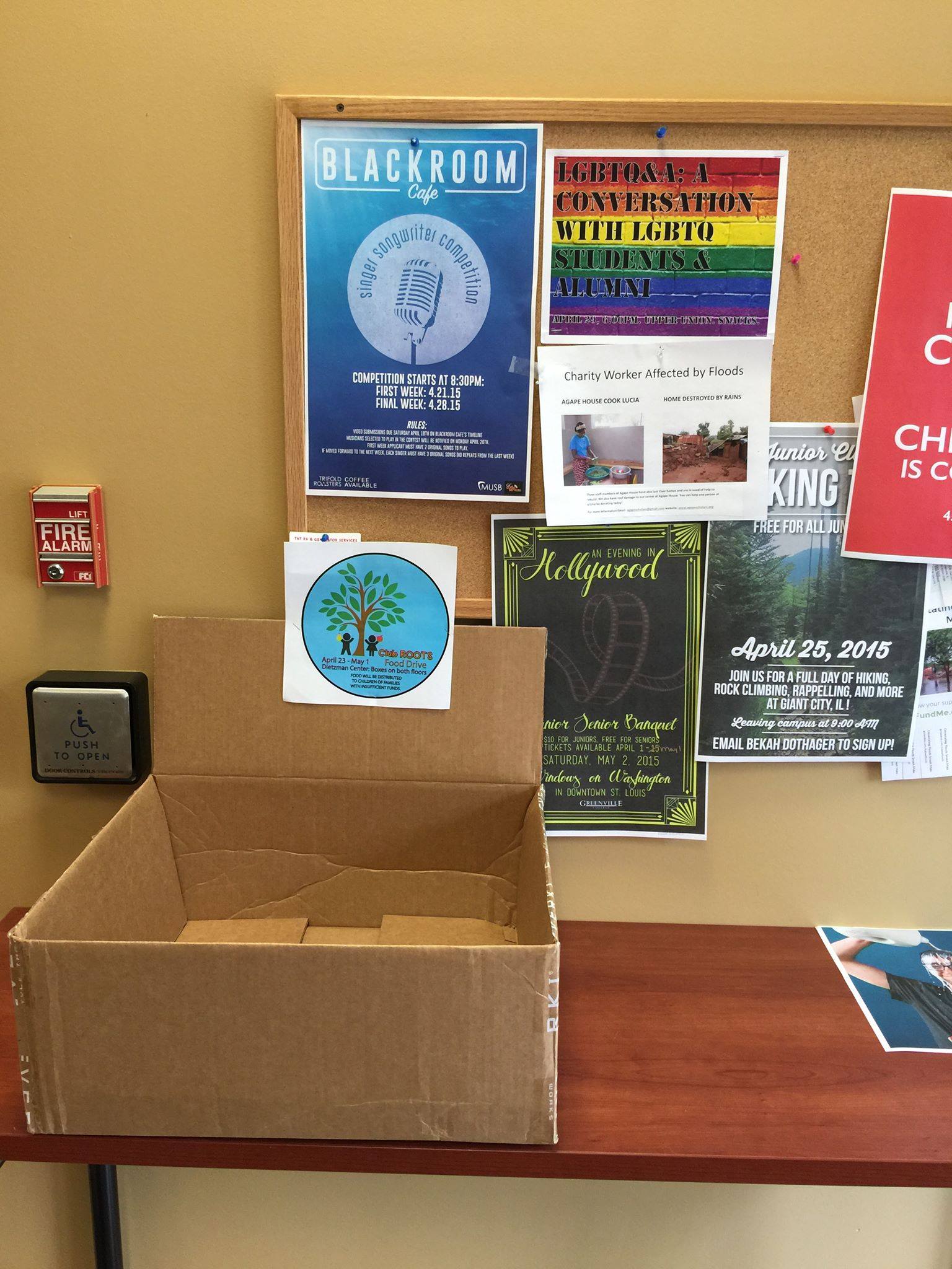 Club ROOTS food drive box located on the first floor under the bulletin board in Dietzman.