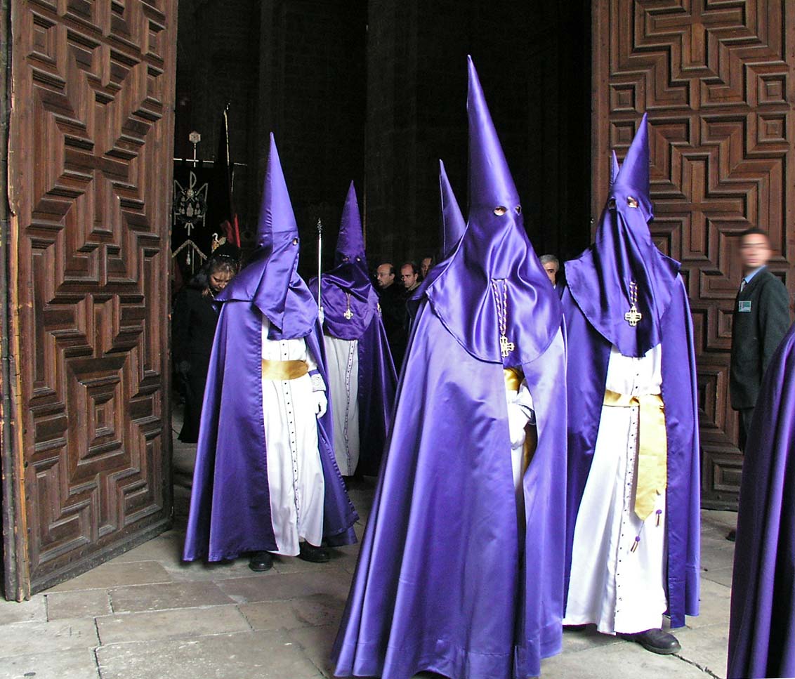 Capirotes (clocks and hoods) are worn during Holy Week processions in Spain. Source:http://en.wikipedia.org/wiki/Holy_Week_in_Spain