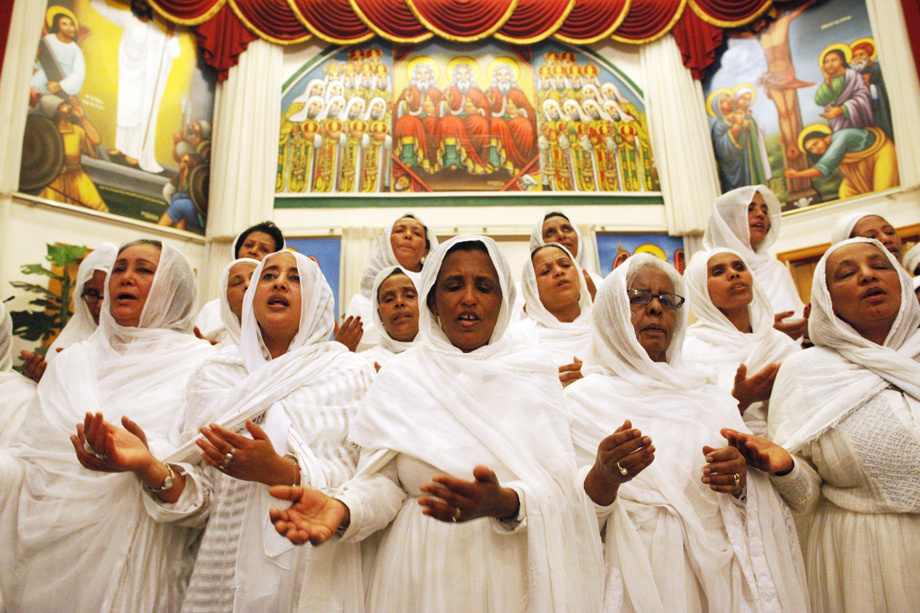 Ethiopians celebrating Easter inside their Orthodox church.
