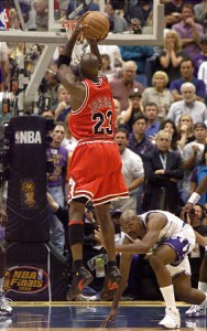  Jordan hits his famous game winner over Bryon Russell to defeat the Utah Jazz in the NBA Finals.  Image from deseretnews.com