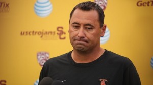 LOS ANGELES, CA  AUGUST 25, 2015 -- USC football coach Steve Sarkisian addresses the media Tuesday morning, August 25, 2015, about his behavior and language during a booster event on campus Saturday night. (Al Seib / Los Angeles Times)