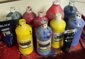 different paint bottles.